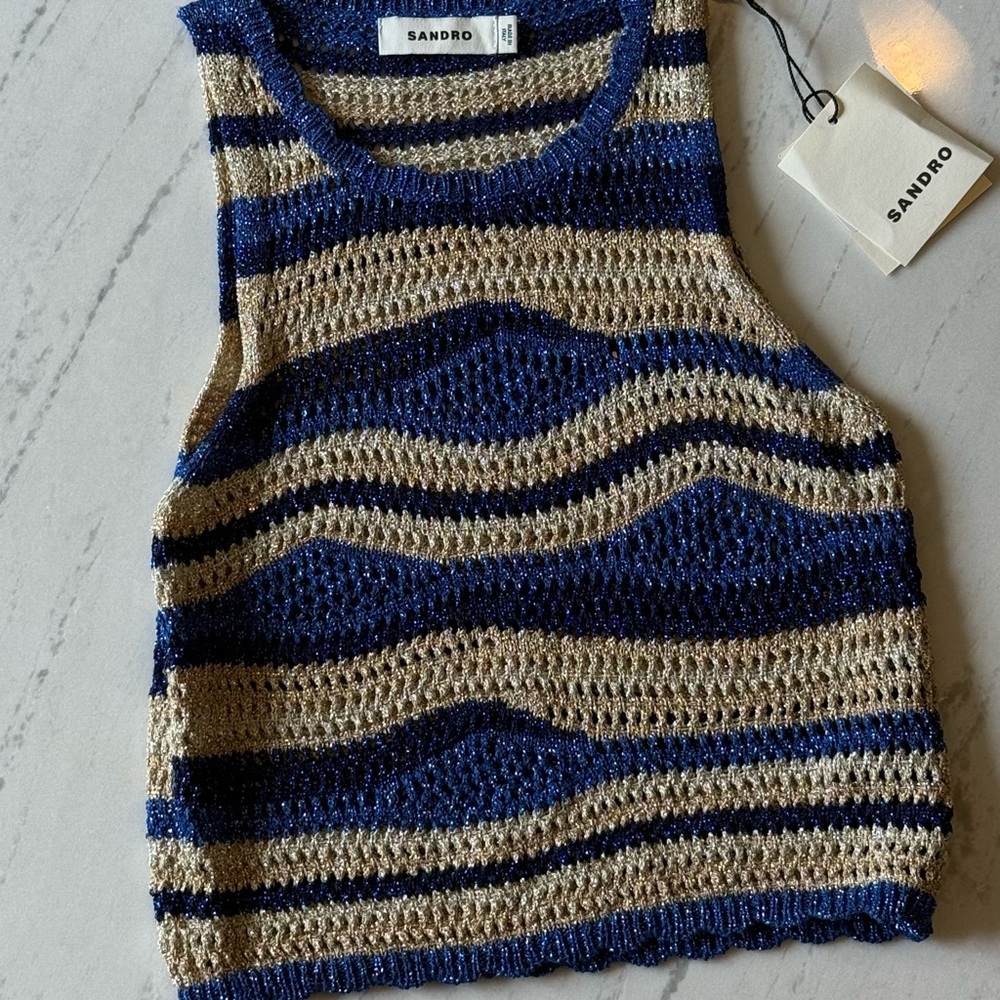 Sandro Metallic Navy and Beige Striped Knit Crochet Tank Top